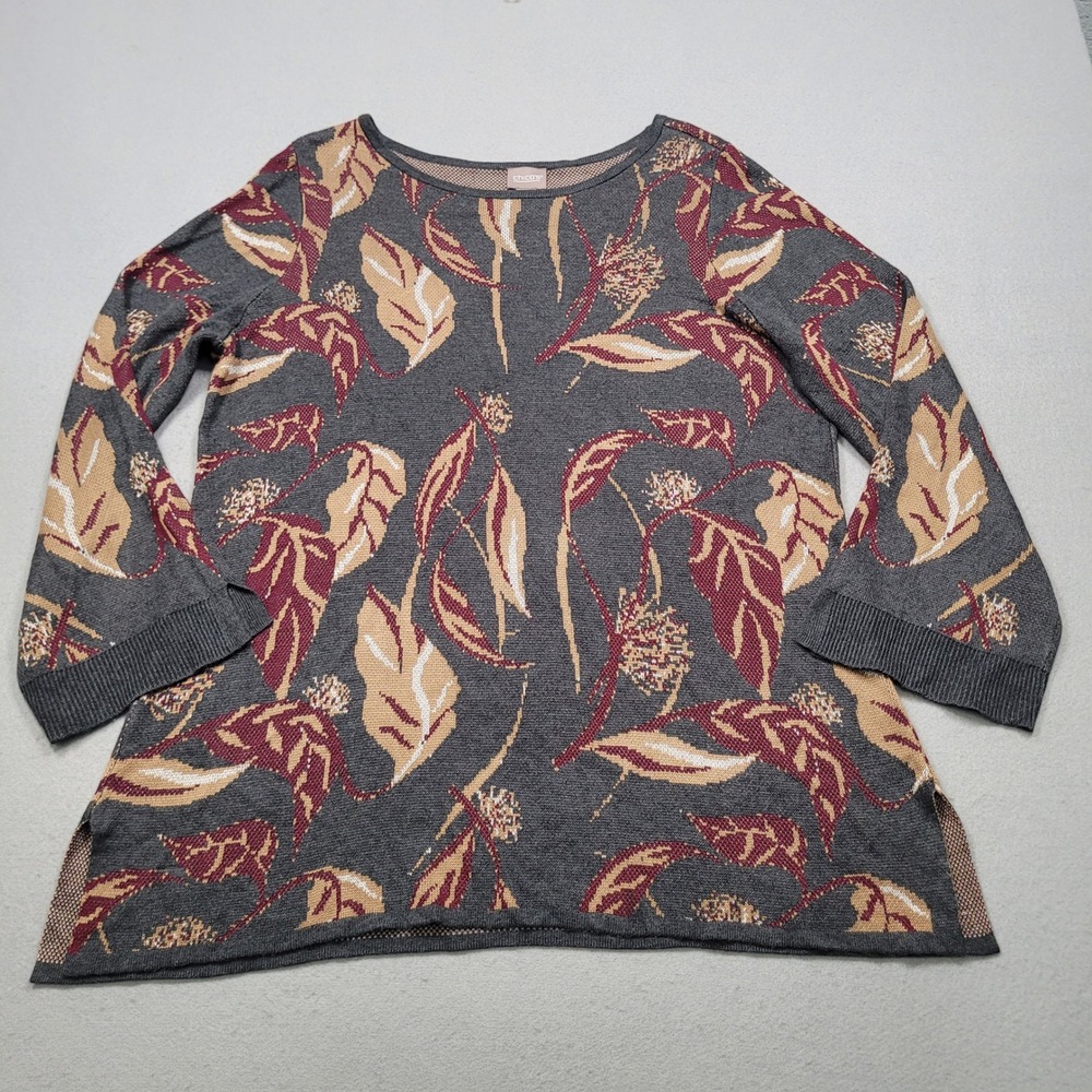 Chicos Gray Floral Leaf Print Knit Sweater Top Size 3 XL